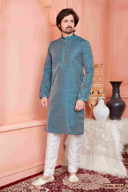 Raivat Ethnic Jacquard Banarasi Silk Pintux Work Kurta Pajama In Teal Blue Colour
