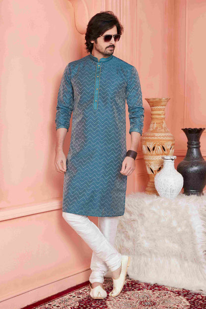 Raivat Ethnic Jacquard Banarasi Silk Pintux Work Kurta Pajama In Teal Blue Colour