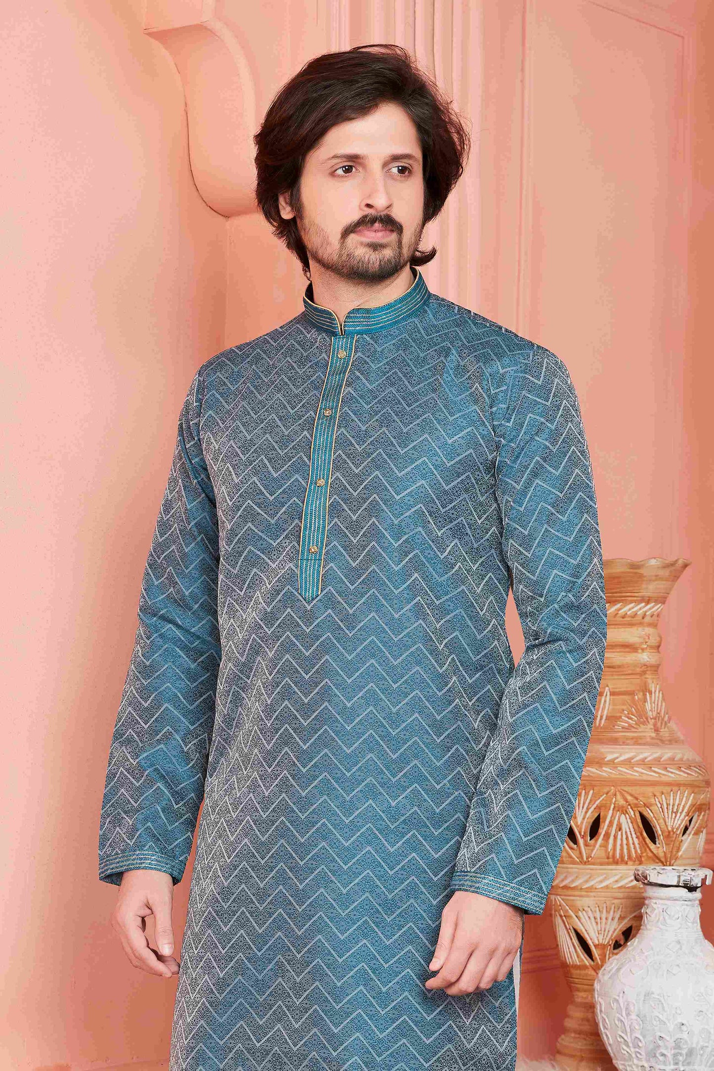 Raivat Ethnic Jacquard Banarasi Silk Pintux Work Kurta Pajama In Teal Blue Colour
