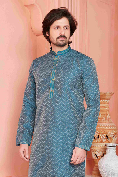 Raivat Ethnic Jacquard Banarasi Silk Pintux Work Kurta Pajama In Teal Blue Colour