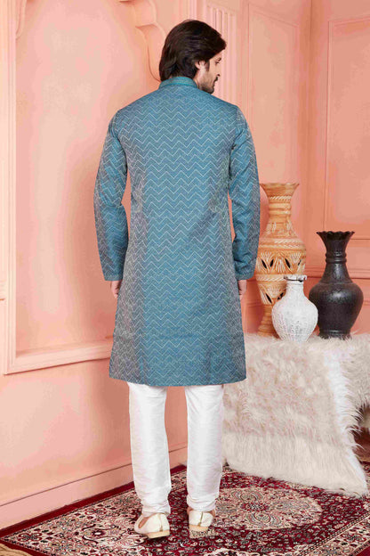 Raivat Ethnic Jacquard Banarasi Silk Pintux Work Kurta Pajama In Teal Blue Colour