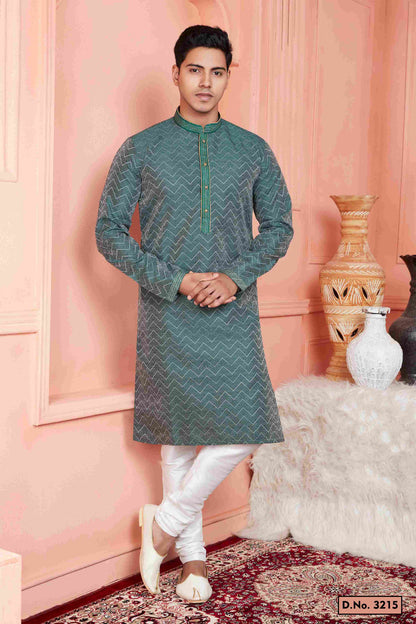 Raivat Ethnic Jacquard Banarasi Silk Pintux Work Kurta Pajama In Rama Green Colour