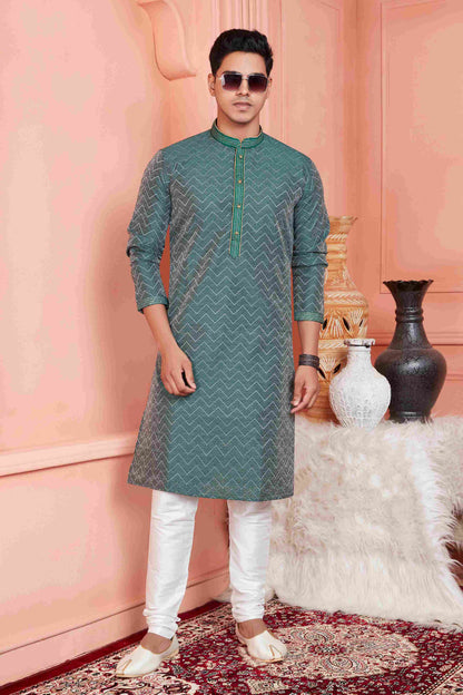 Raivat Ethnic Jacquard Banarasi Silk Pintux Work Kurta Pajama In Rama Green Colour