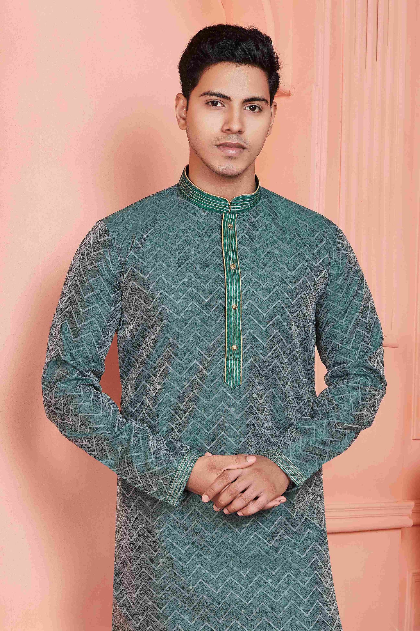 Raivat Ethnic Jacquard Banarasi Silk Pintux Work Kurta Pajama In Rama Green Colour