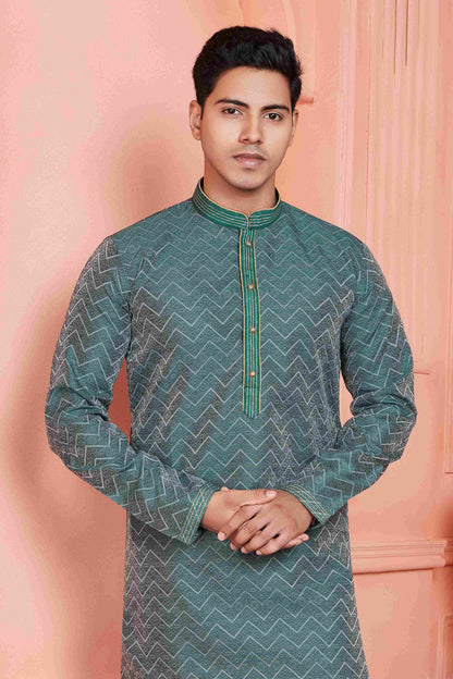 Raivat Ethnic Jacquard Banarasi Silk Pintux Work Kurta Pajama In Rama Green Colour