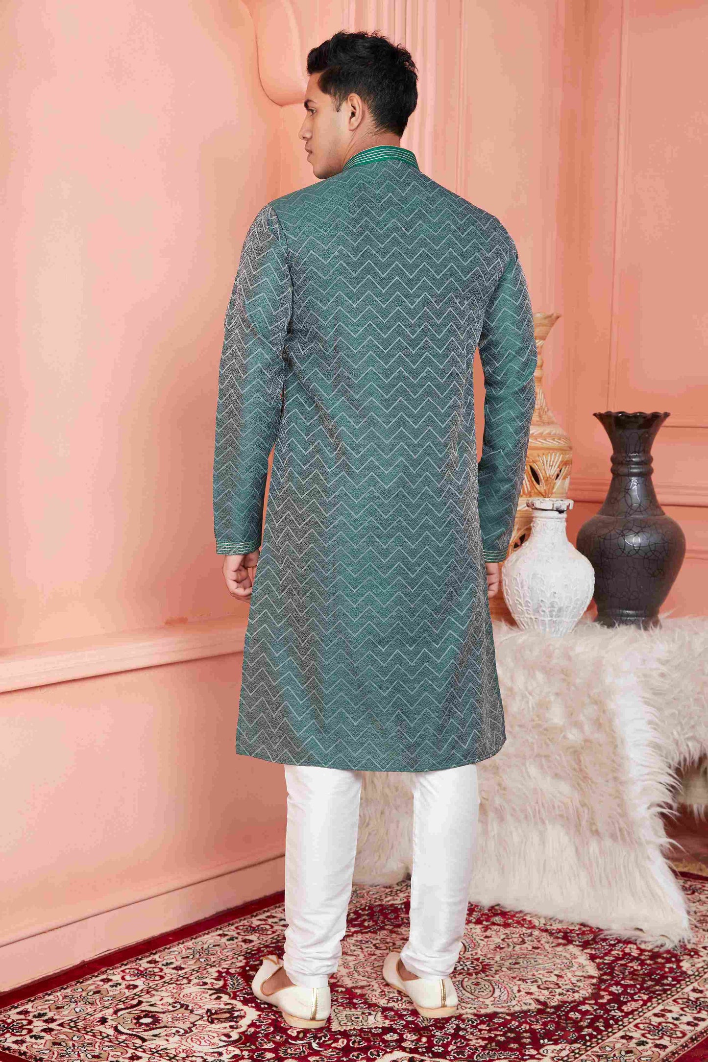 Raivat Ethnic Jacquard Banarasi Silk Pintux Work Kurta Pajama In Rama Green Colour