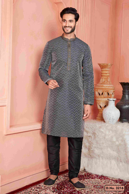 Raivat Ethnic Jacquard Banarasi Silk Pintux Work Kurta Pajama In Black Colour