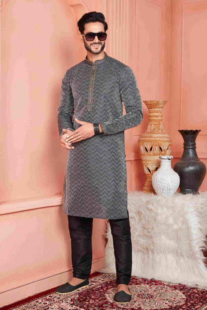 Raivat Ethnic Jacquard Banarasi Silk Pintux Work Kurta Pajama In Black Colour