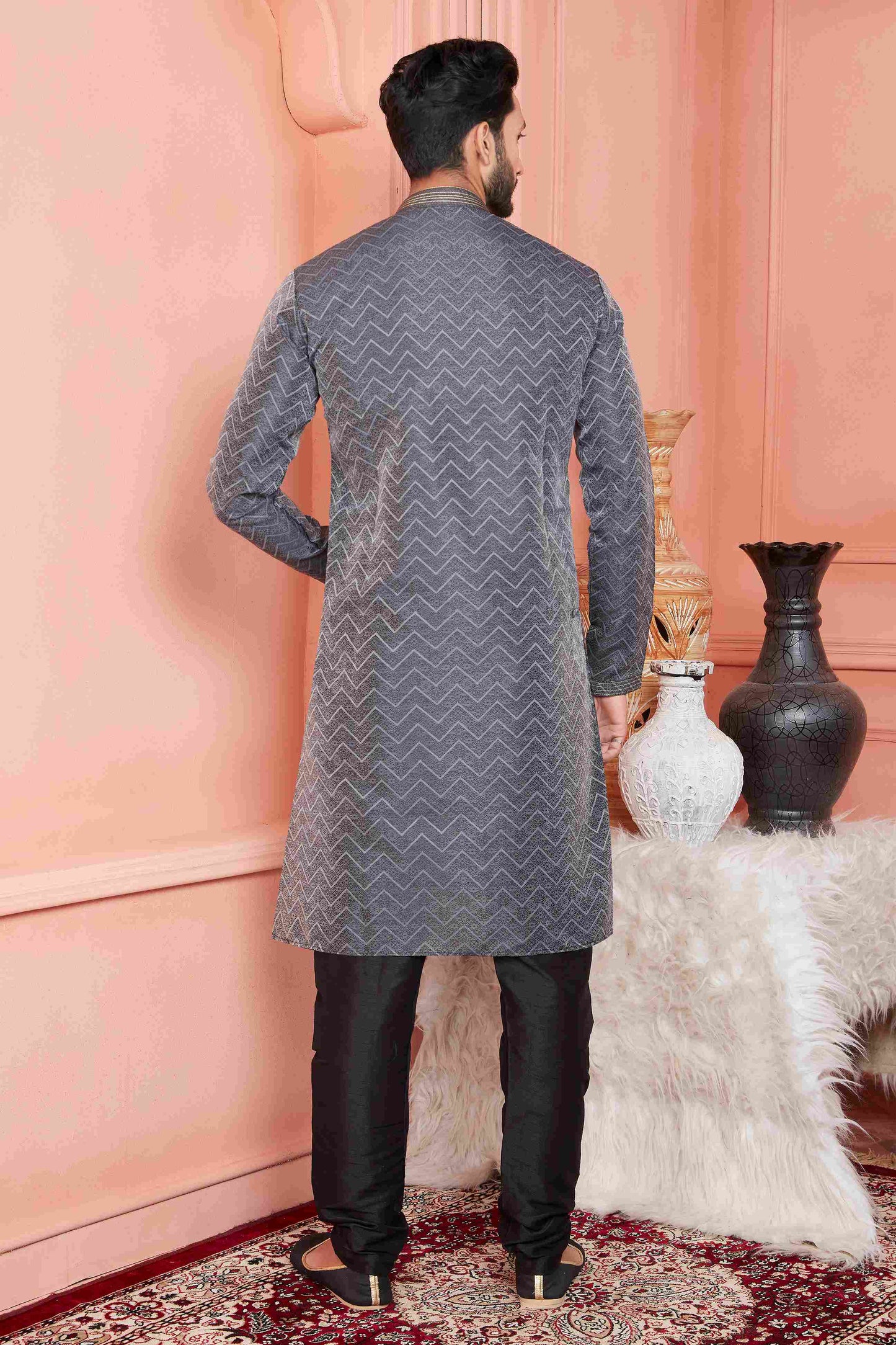 Raivat Ethnic Jacquard Banarasi Silk Pintux Work Kurta Pajama In Black Colour