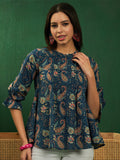Sangria Paisley Printed Keyhole Neck Puff Sleeve Cotton Top