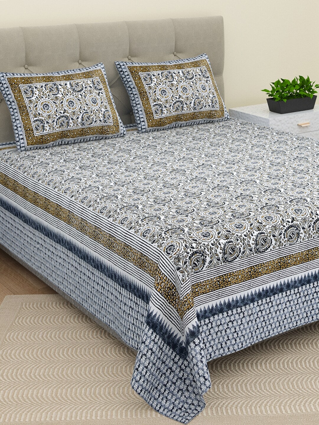 BELLA CASA Ethic White & Blue Printed Cotton 180 TC King Bedsheet with 2 Pillow Covers