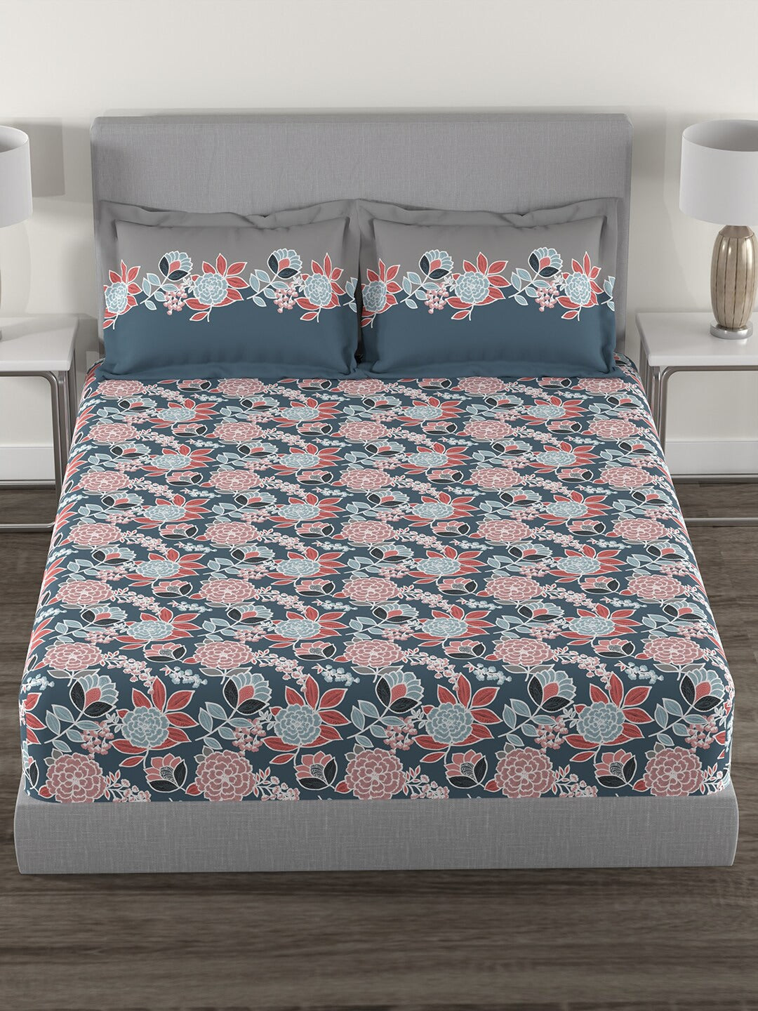 MYTRIDENT Blue Green Floral Cotton 144 TC Queen Bedsheet With 2 Pillow Covers