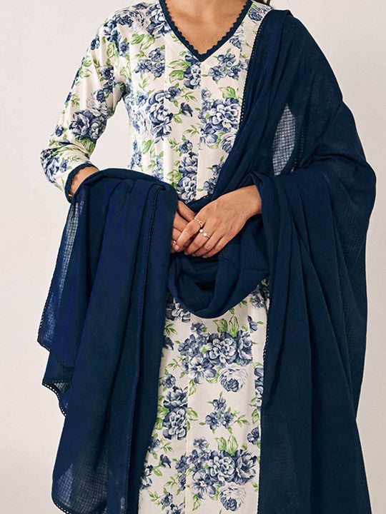 Anayna Floral Printed Panelled V-Neck Pure Cotton Aanarkali Kurta with Trousers & Dupatta