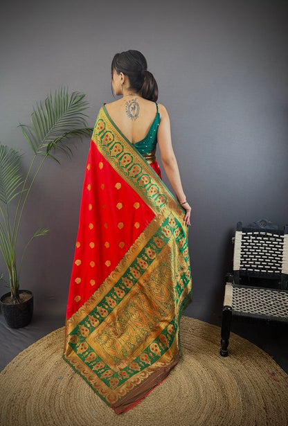 Elora Red Soft Silk Butti Zari Weaving Constrast Pallu Banarasi Saree