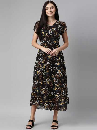 Souchii Black Floral Chiffon Maxi Dress