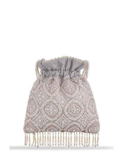 Masq Tan & White Embroidered Potli Clutch