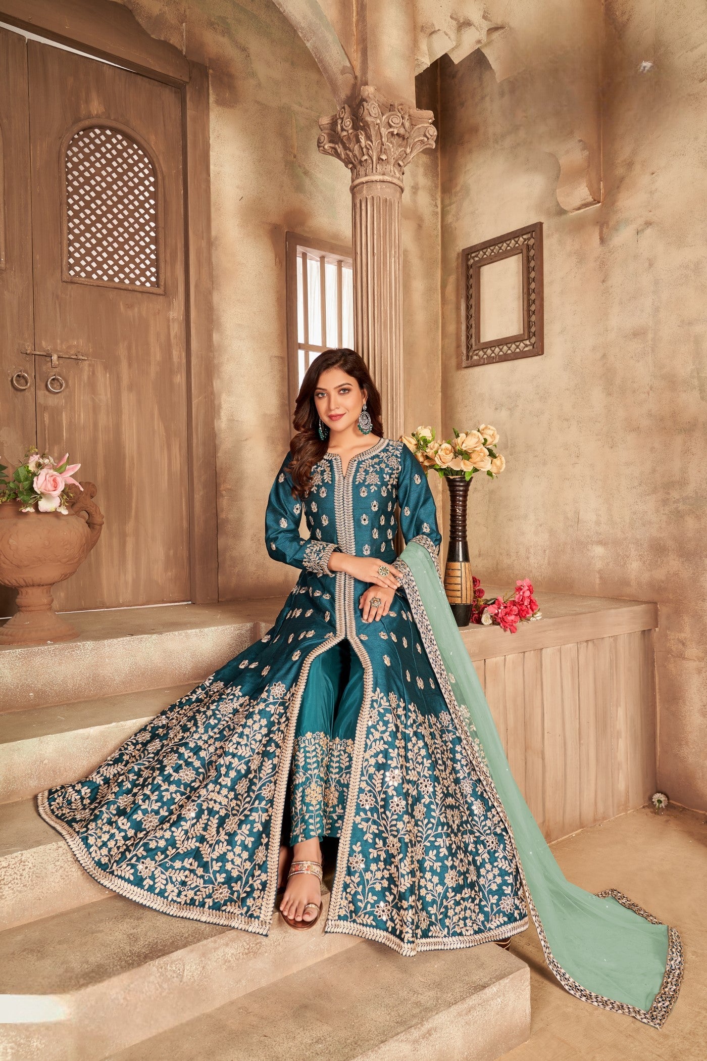 Anaita Teal Embroidered Art Silk Anarkali Suit