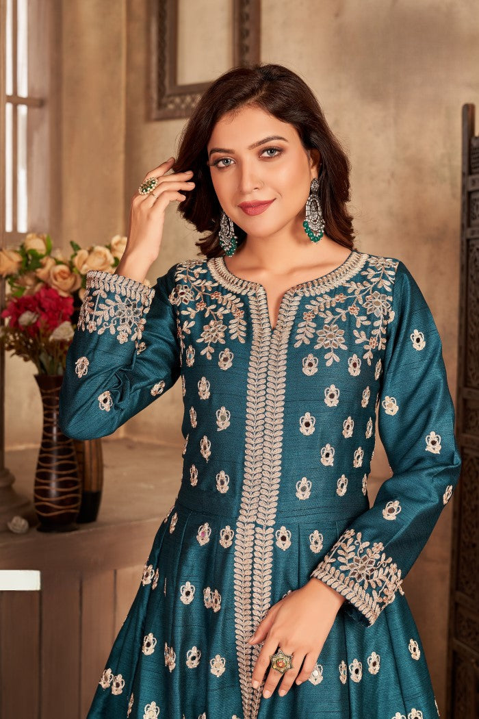 Anaita Teal Embroidered Art Silk Anarkali Suit