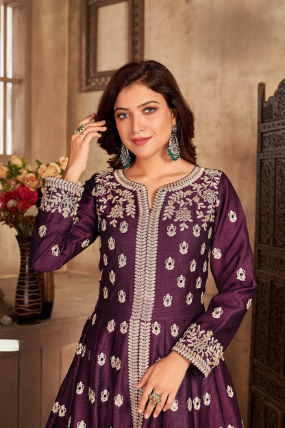 Anaita Purple Embroidered Art Silk Anarkali Suit