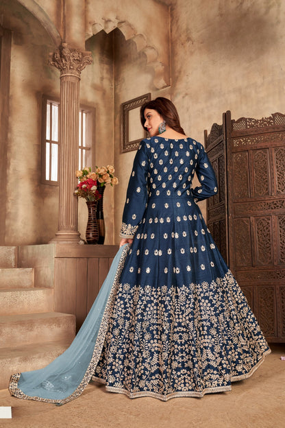 Anaita Navy Blue Embroidered Art Silk Anarkali Suit