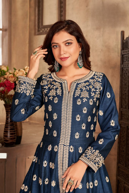 Anaita Navy Blue Embroidered Art Silk Anarkali Suit