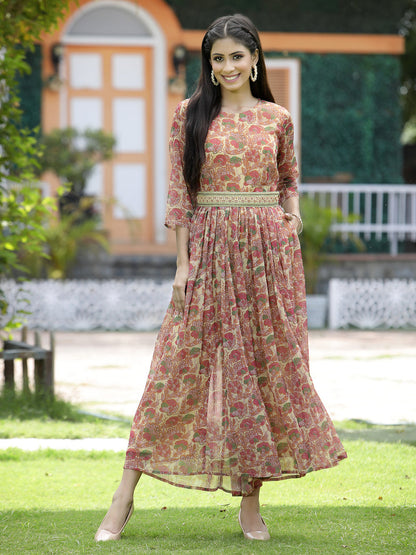 Juniper Fuchsia Chiffon Casual Wear Printed Flared Jumpsuit