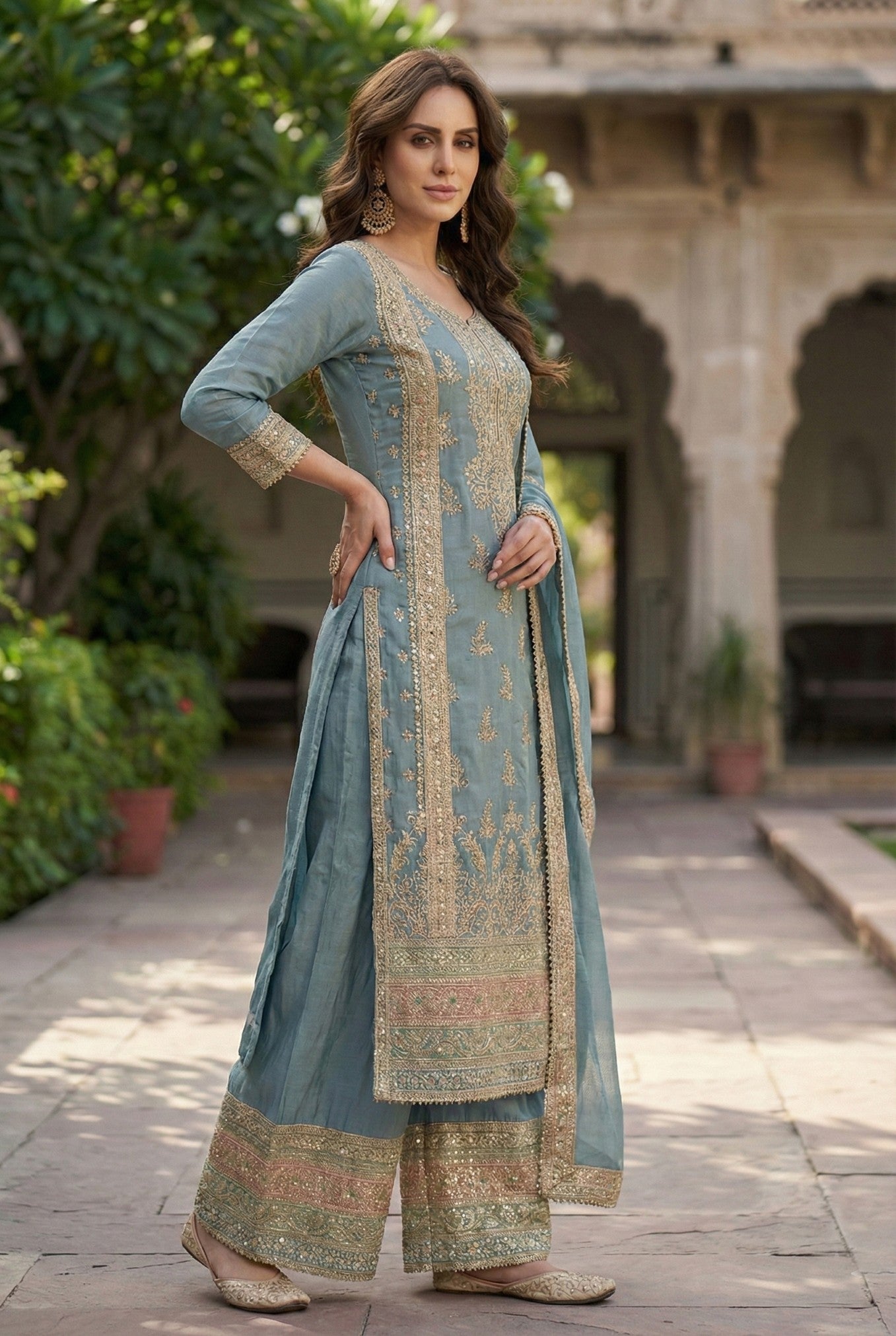 Anaita Blue Chinon Suit with Embroidery & Sequence Work