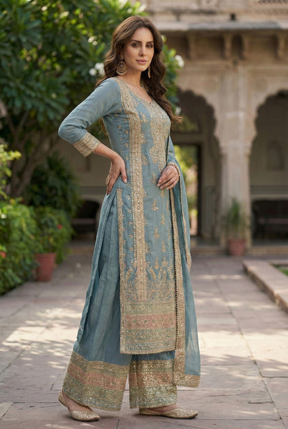 Anaita Blue Chinon Suit with Embroidery & Sequence Work