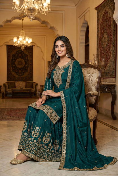 Anaita D Green Chinon Stitched Suit With Embroidery & Sequence Work