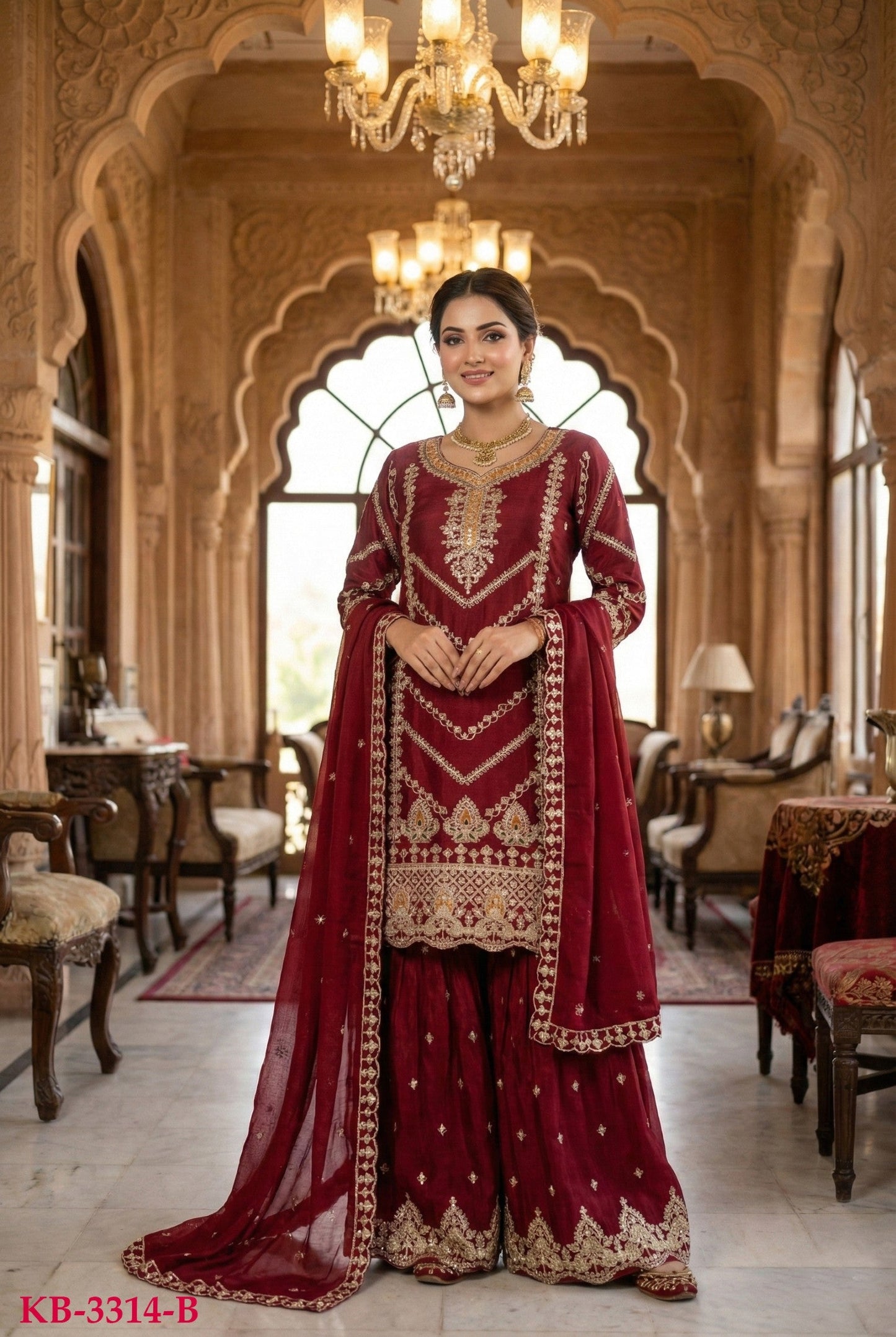 Anaita Maroon Chinon Stitched Sharara Suit with Embroidery & Sequence Work