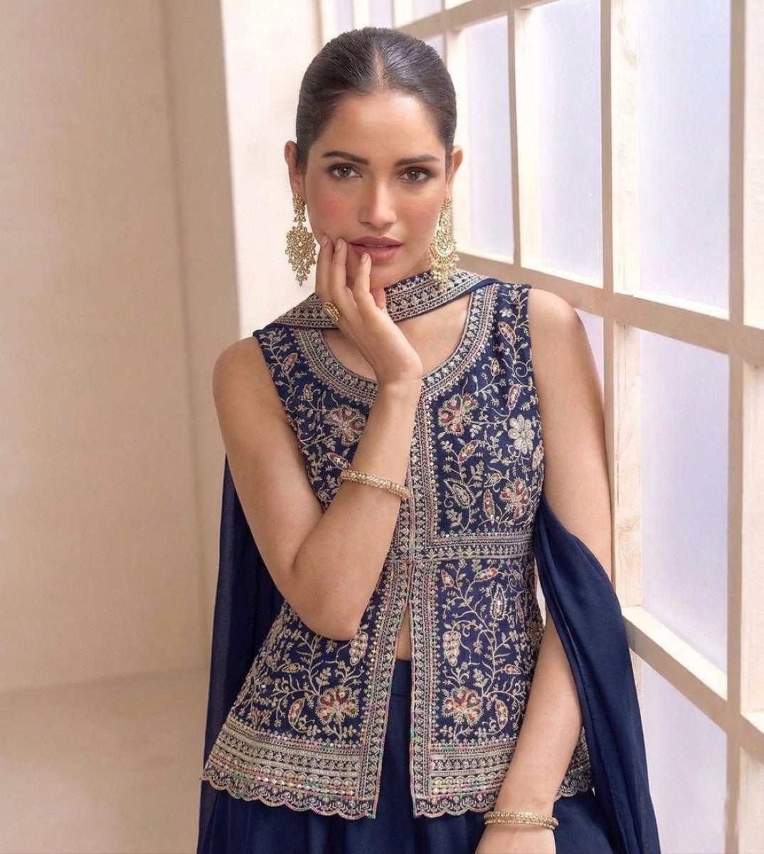 Anaita Navy Georgette Stitched Plazzo Suit with Sequence Lakhnavi Embroidery work