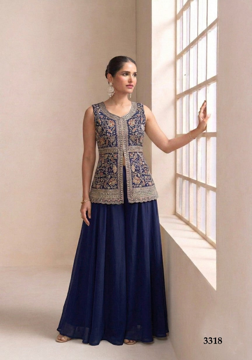 Anaita Navy Georgette Stitched Plazzo Suit with Sequence Lakhnavi Embroidery work