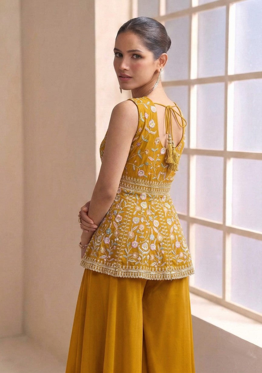 Anaita Yellow Georgette Stitched Plazzo Suit with Sequence Lakhnavi Embroidery work