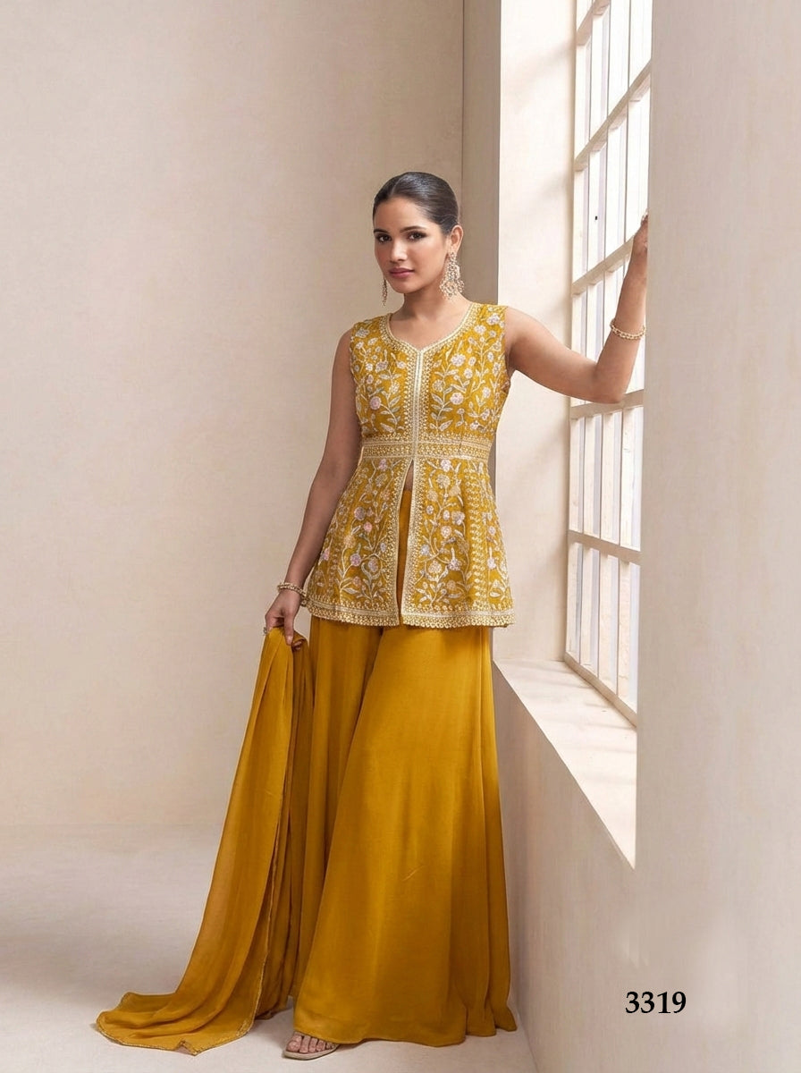 Anaita Yellow Georgette Stitched Plazzo Suit with Sequence Lakhnavi Embroidery work