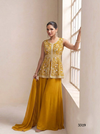 Anaita Yellow Georgette Stitched Plazzo Suit with Sequence Lakhnavi Embroidery work