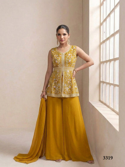 Anaita Yellow Georgette Stitched Plazzo Suit with Sequence Lakhnavi Embroidery work