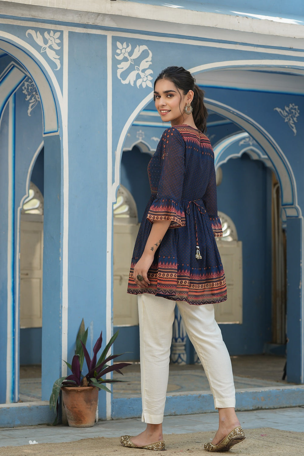 Juniper Indigo Georgette Festive Printed Flared Tunic For Women