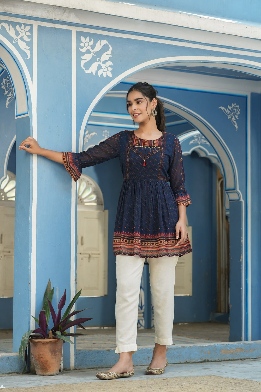 Juniper Indigo Georgette Festive Printed Flared Tunic For Women