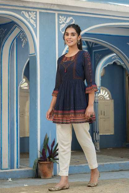 Juniper Indigo Georgette Festive Printed Flared Tunic For Women