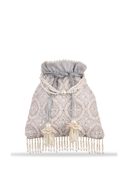 Masq Tan & White Embroidered Potli Clutch