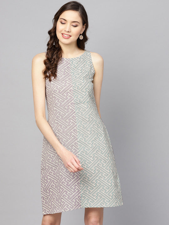 Anayna Women Sea Green & Purple Printed A-Line Dress