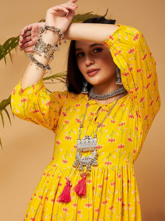 Shae by Sassafras Yellow Ethnic Motifs Printed Tie-Up Neck A-Line Kurta