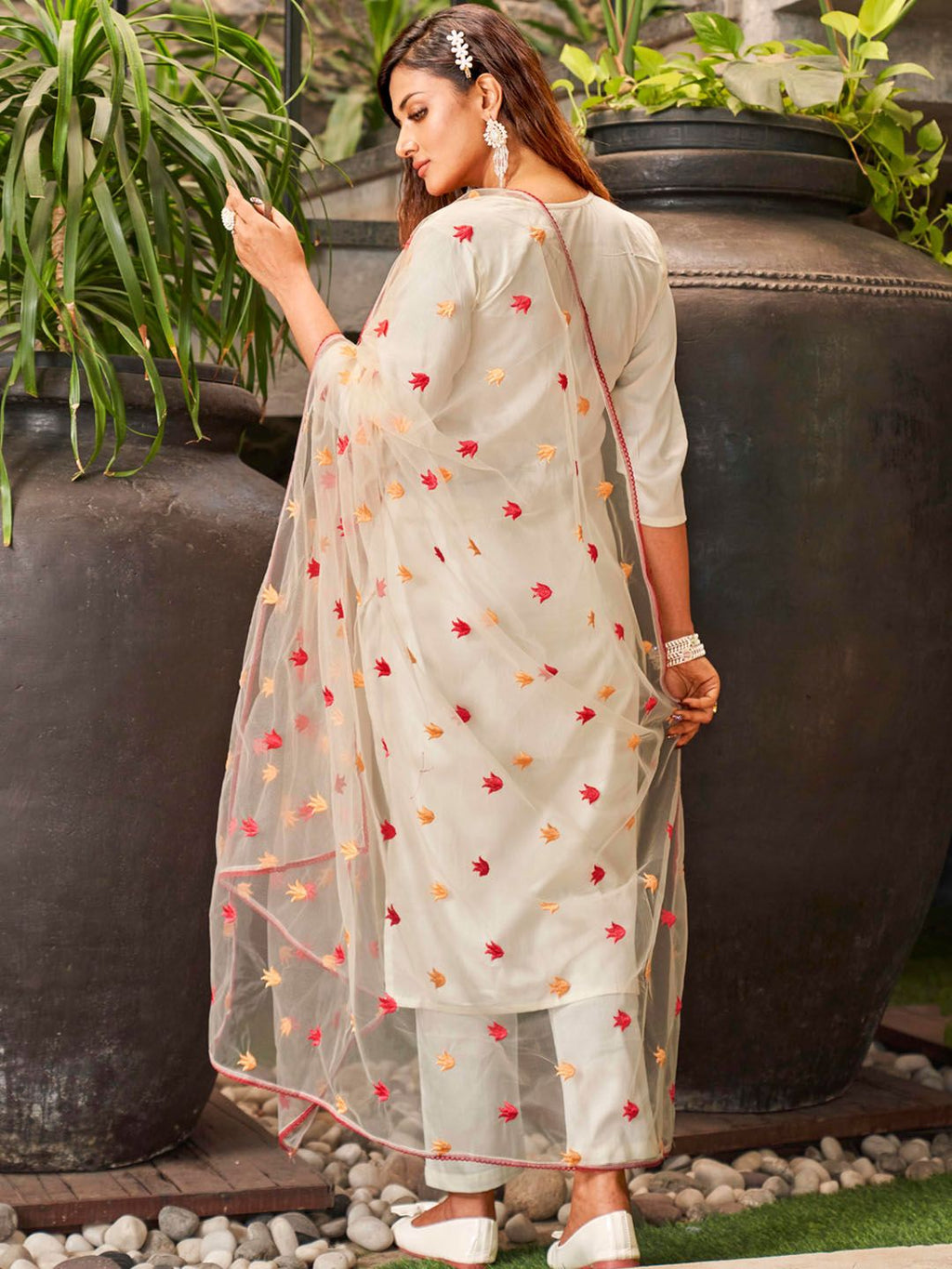 Tikhi Imli Floral Embroidered Cotton Blend Kurta with Trousers & Dupatta