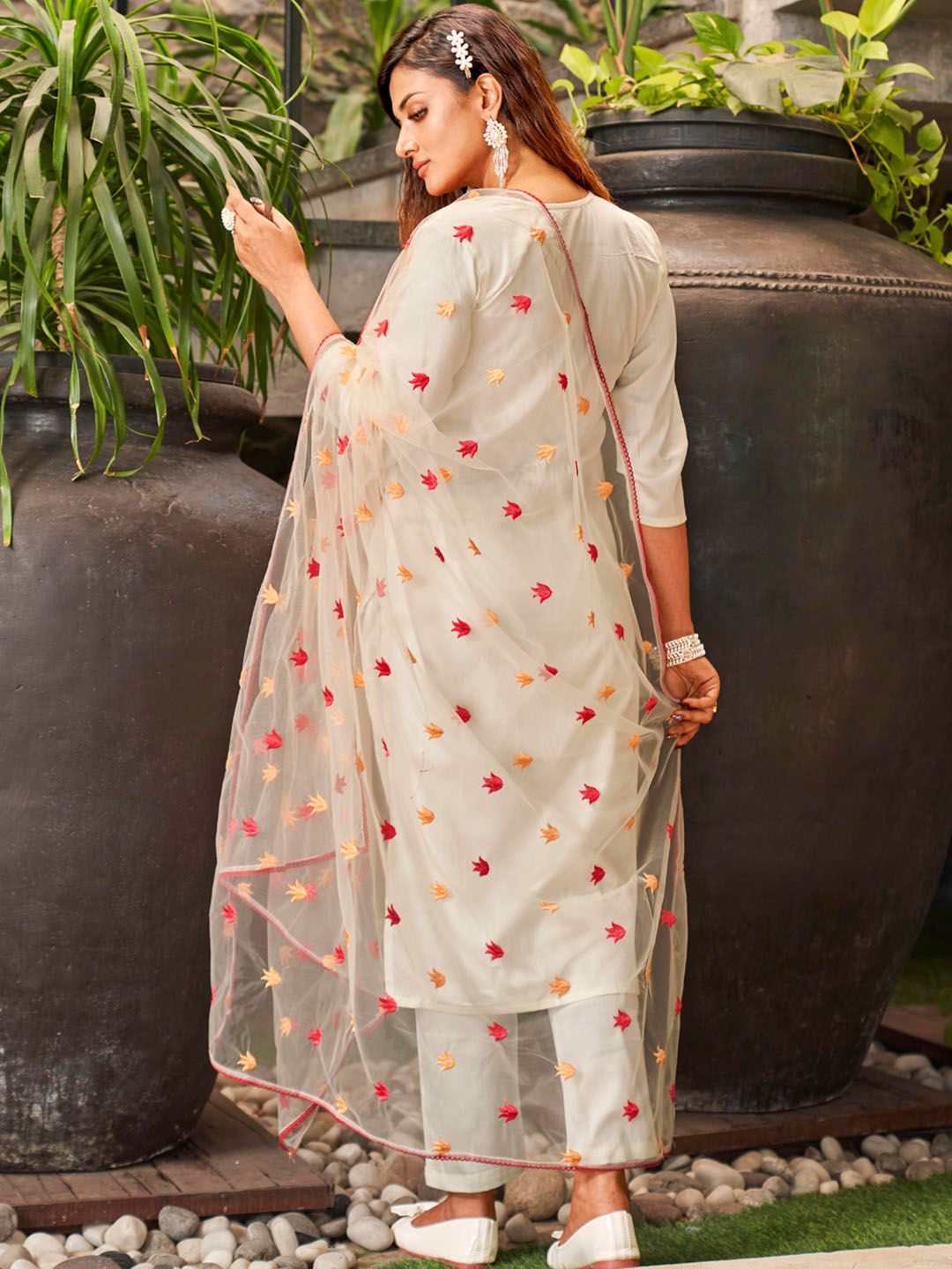 Tikhi Imli Floral Embroidered Cotton Blend Kurta with Trousers & Dupatta