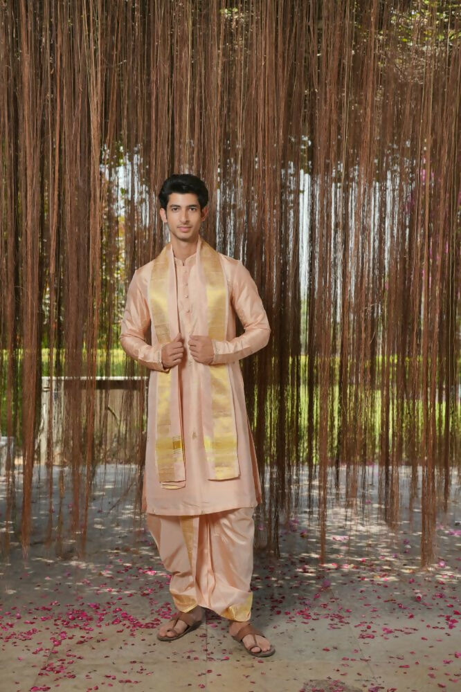 Dusky Pink Kanjivaram Machien Embroidered Pattu Set by Hilo Design