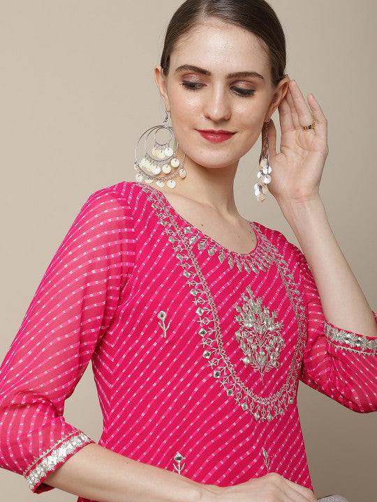 Sangria Women Pink Floral Embroidered Georgette Straight Kurta