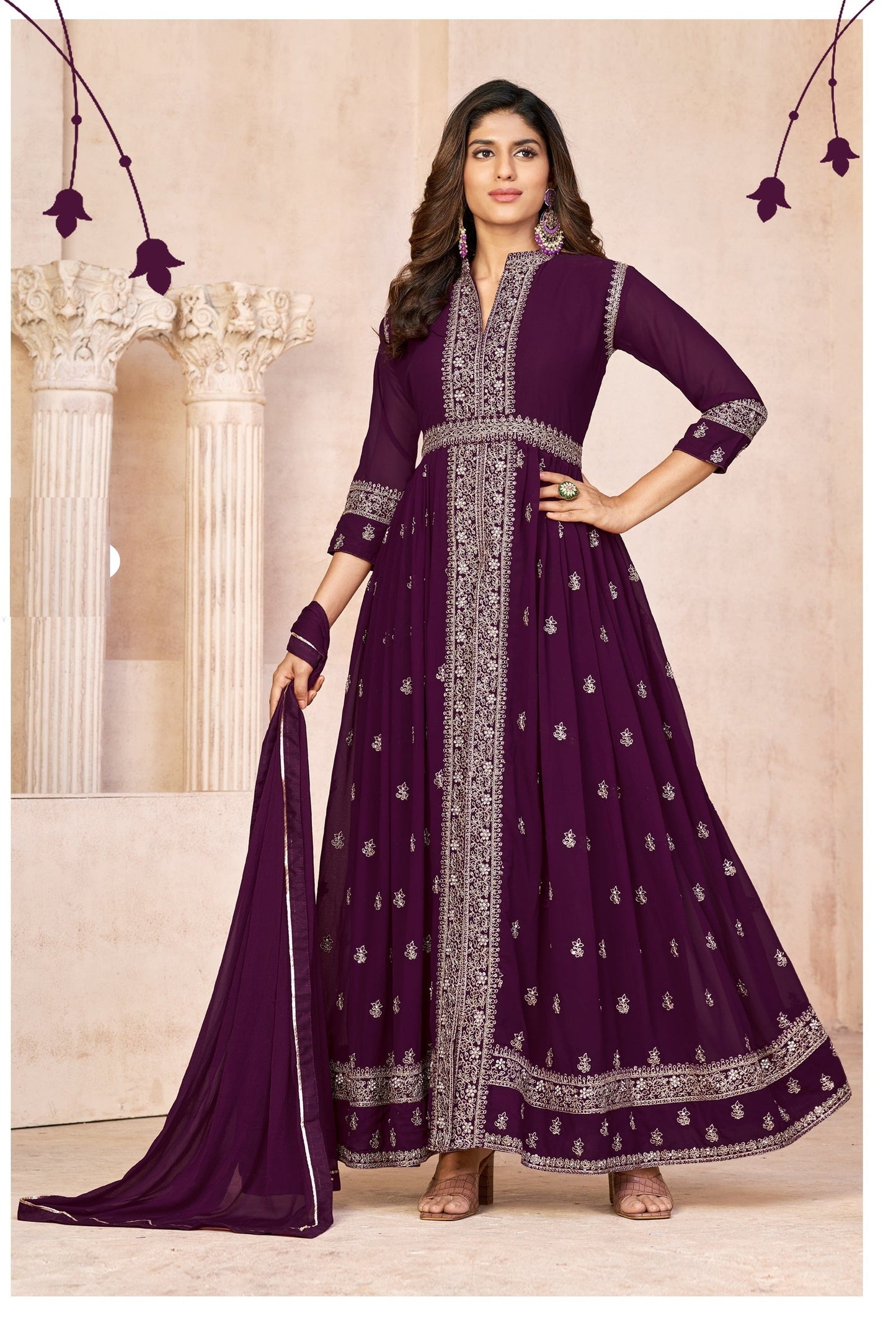 Anaita Wine Embroidered Faux Georgette Anarkali Suit
