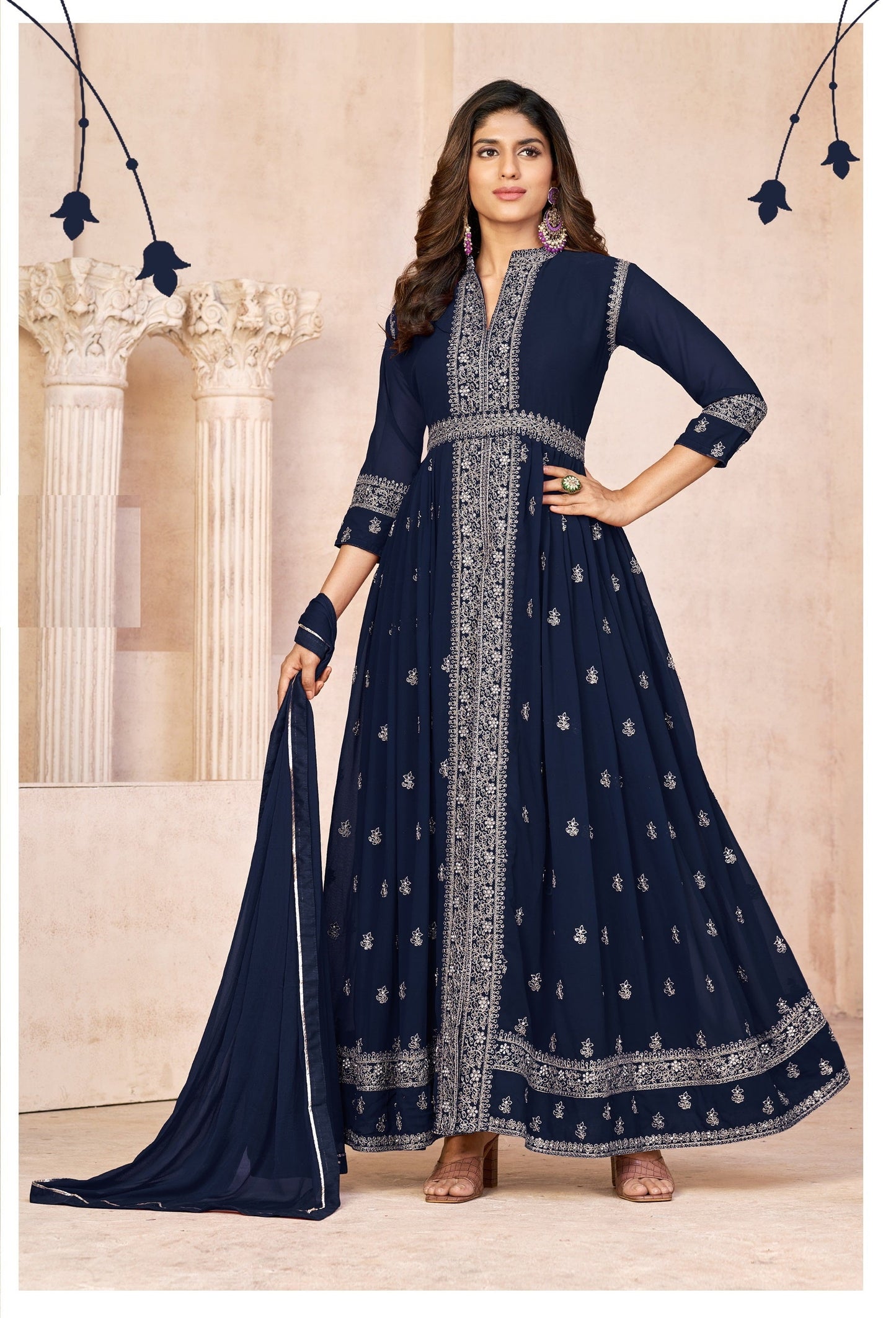 Anaita Navy Blue Embroidered Faux Georgette Anarkali Suit