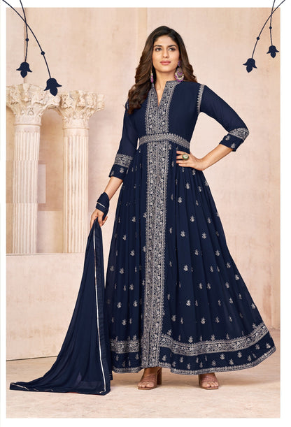 Anaita Navy Blue Embroidered Faux Georgette Anarkali Suit