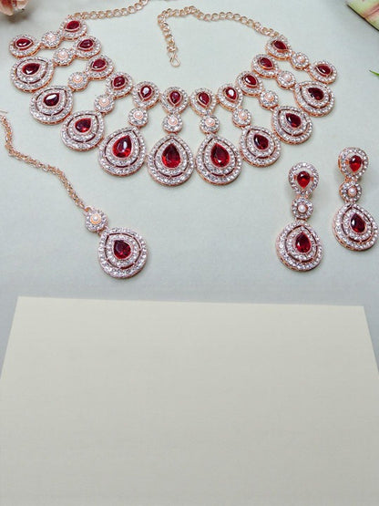 Jewel City Rose Gold-Plated Necklace Set with Earrings & Maang Tikka for Women – Sparkling Bridal Party Jewelry